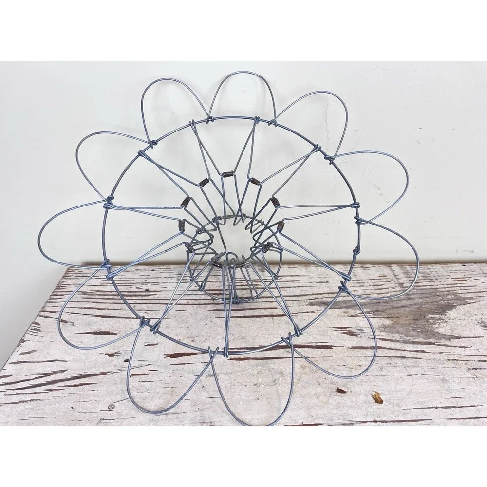 Vintage French Pedestal Folding Wire Egg Basket / Serving Stand Rustic Cottage